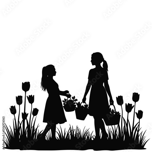 Figures welcoming spring with flower baskets in blooming garden, renewal