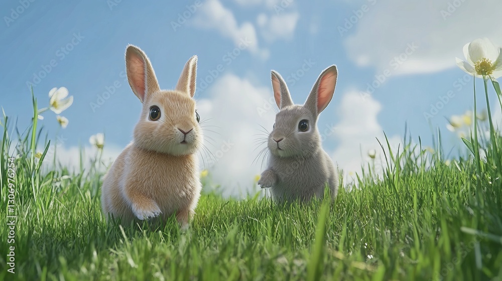 custom made wallpaper toronto digitalA pair of spring rabbits hopping through a grassy meadow, playful and joyful, ultra-detailed, 4k
