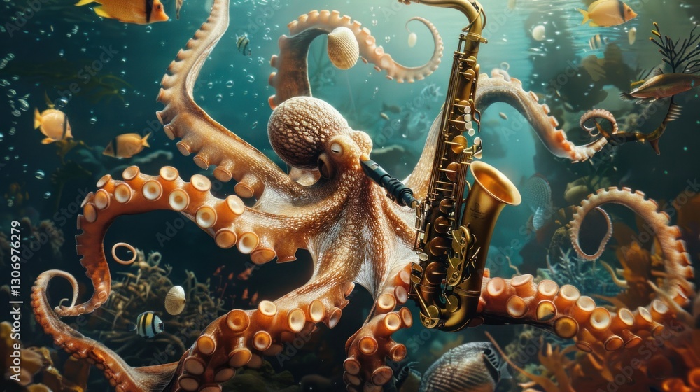 Obraz premium Octopus Saxophonist: An Underwater Jazz Symphony
