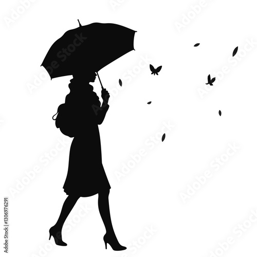 Woman walking briskly with an umbrella, autumn rain silhouette
