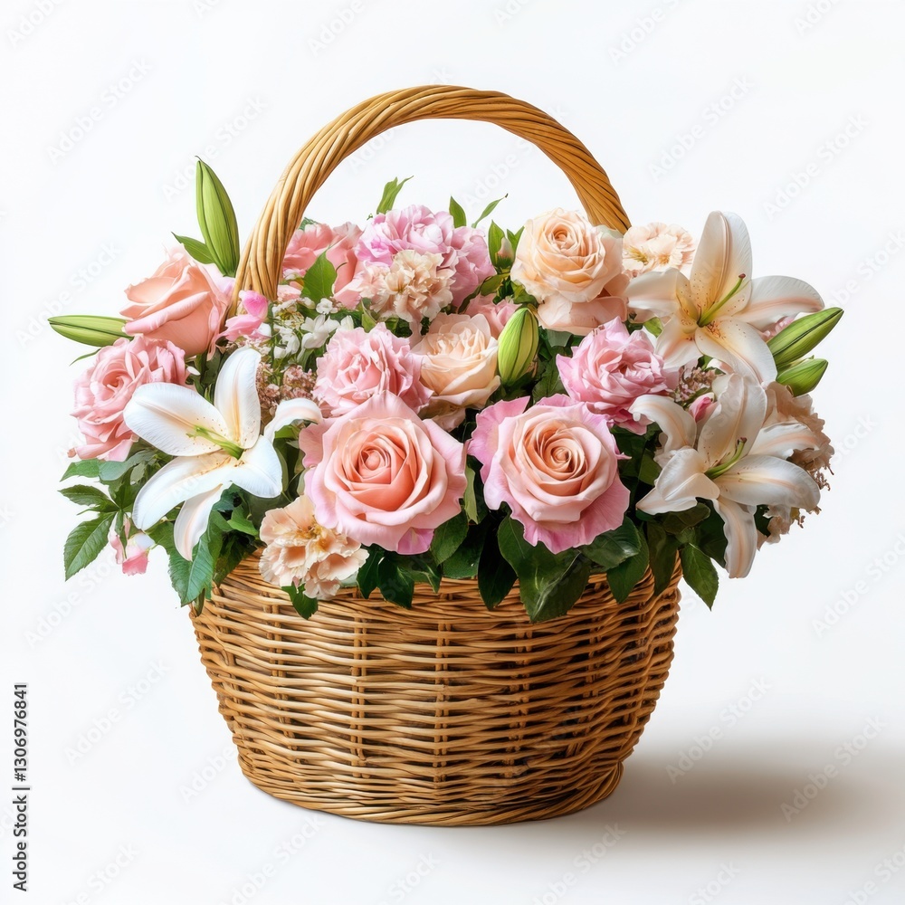 Elegant floral basket with pink roses and white lilies for luxury decor Elegant floral basket with pink roses and white lilies for luxury decor