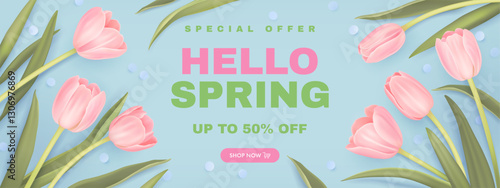 Hello spring sale banner design template with realistic 3d tulips on blue background. Discount shopping background. Special offer. Vector illustration