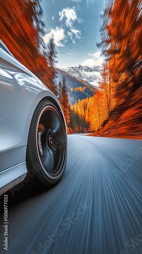 Driving Through a Winding Road With Autumn Trees and a Clear Sky