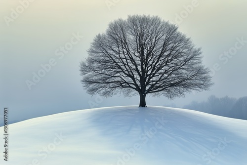 Lonely Tree Stands in a Snowy Landscape Under a Gray Sky at Winter