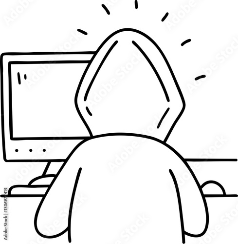 Hooded figure working at a computer, symbolizing anonymity or online activity.