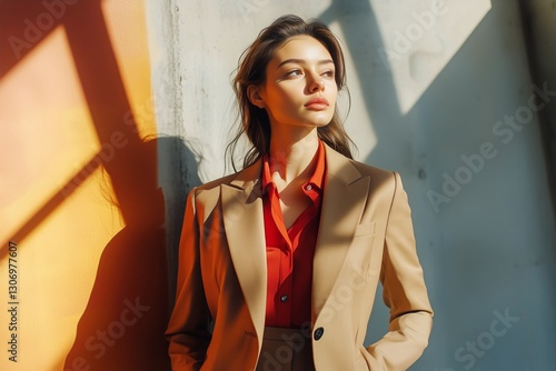 Model Posing in Tailored Suit With Sunlight Illuminating a Studio Background ...