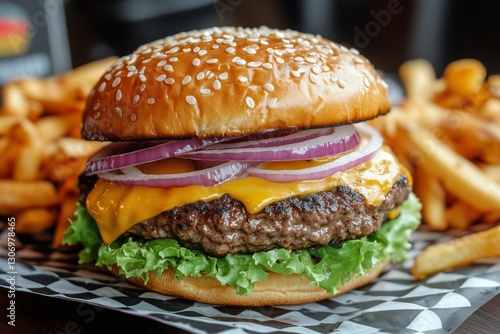 Mouthwatering Cheeseburger With Fresh Toppings Served With Crispy Fries at a ...