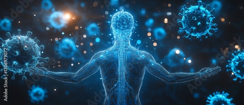 Human body defending against viruses and bacteria, immune system actively fighting diseases, visualizing powerful protection and health care concept