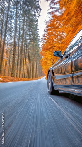 Driving Through a Winding Road With Autumn Trees and a Clear Sky