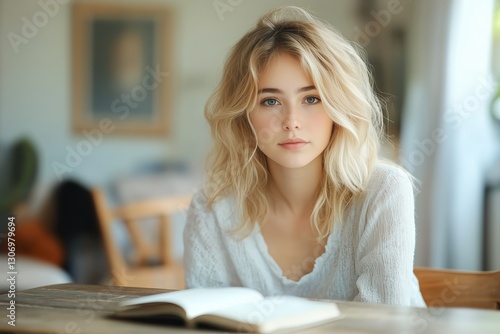 Woman With Long Blonde Hair Sitting at Wooden Table in Cozy Room, Focused and...