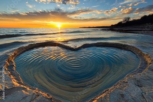 Beautiful sunset over the Baltic Sea with a unique heart-shaped hole in the water, creating a romantic and surreal scene photo