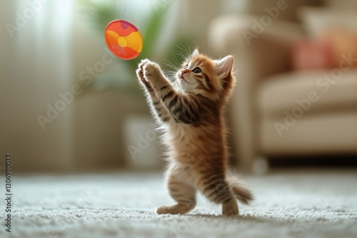 Playful Kitten Reaches for Colorful Ball in Cozy Living Room Setting With Sof...