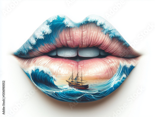 Creative Illustration of Lips Combining Ocean Waves and a Sailing Ship