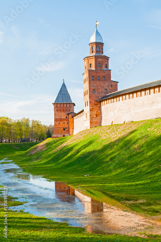 Veliky Novgorod Kremlin fortress - Kokuy and Intercession towers in summer evening in Veliky Novgorod, Russia photo