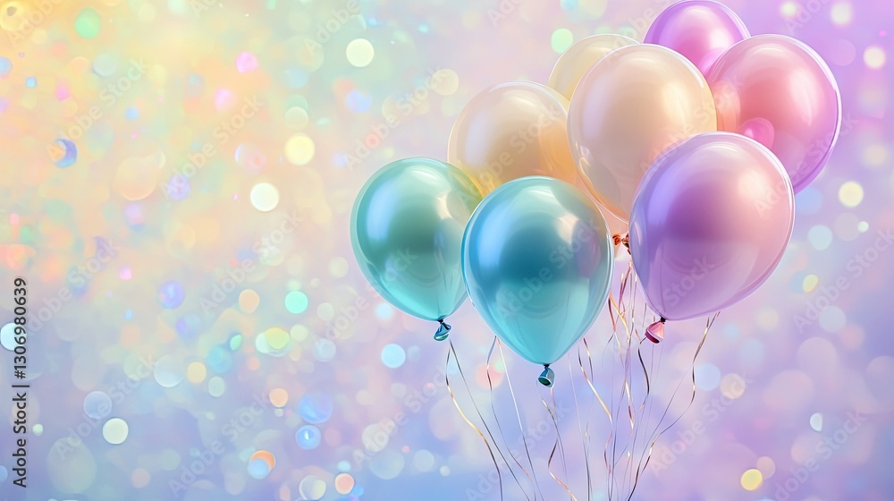 Floating pastel balloons over a shimmering, iridescent background, exuding dreamy elegance. Floating pastel balloons over a shimmering, iridescent background, exuding dreamy elegance.