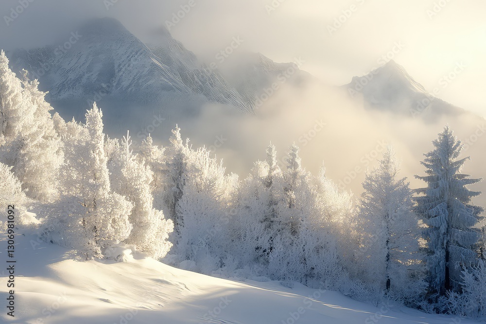 A breathtaking snowy landscape featuring frosted pine trees and a mountain backdrop. A breathtaking snowy landscape featuring frosted pine trees and a mountain backdrop.