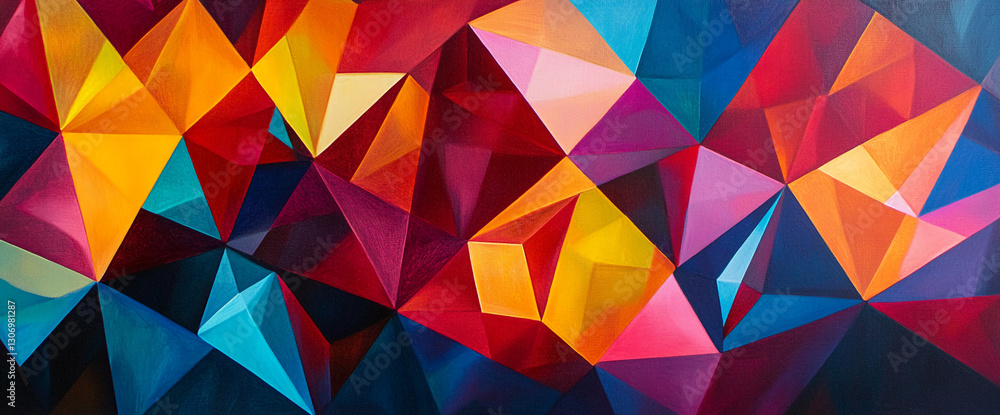 Fototapeta premium Abstract painting with vibrant red, orange, pink, and blue triangular facets creating a dynamic, jewel-like effect, showcasing energy and visual depth