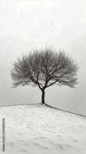 Lonely Tree Stands in a Snowy Landscape Under a Gray Sky at Winter