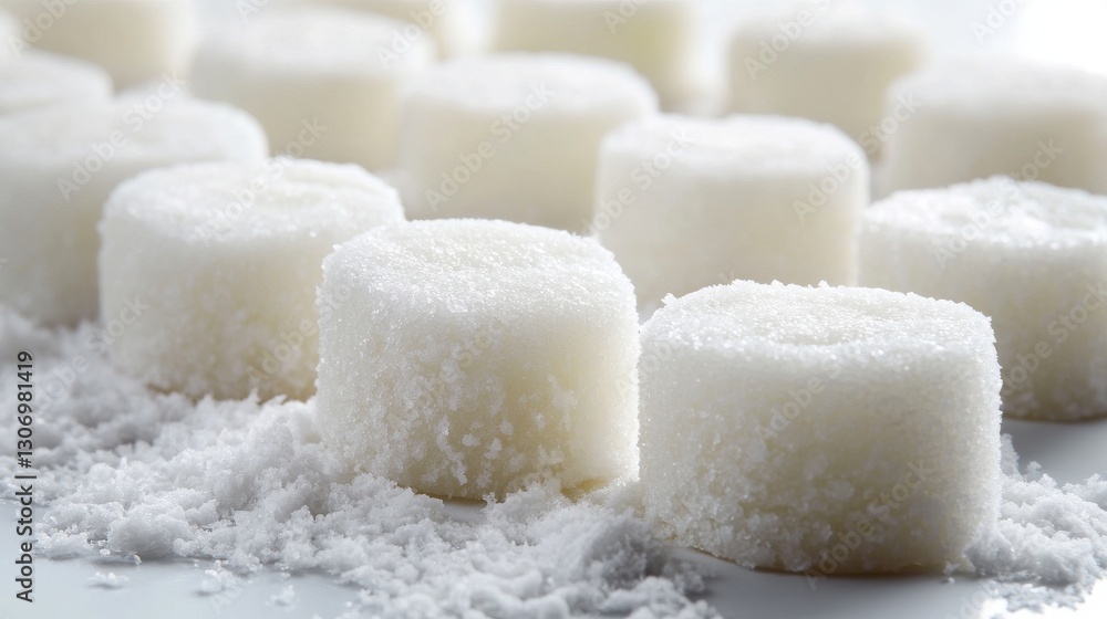 White Sugar Cubes Arranged on a Bright Surface with Granules White Sugar Cubes Arranged on a Bright Surface with Granules