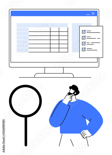 Computer screen displays data table with checklist, man focuses and magnifying glass emphasizes observation. Ideal for analysis, planning, research, strategy, productivity, task management