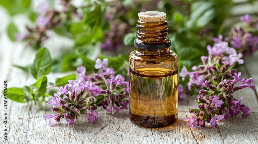 A brown essential oil bottle rests near purple flowering herbs A brown essential oil bottle rests near purple flowering herbs