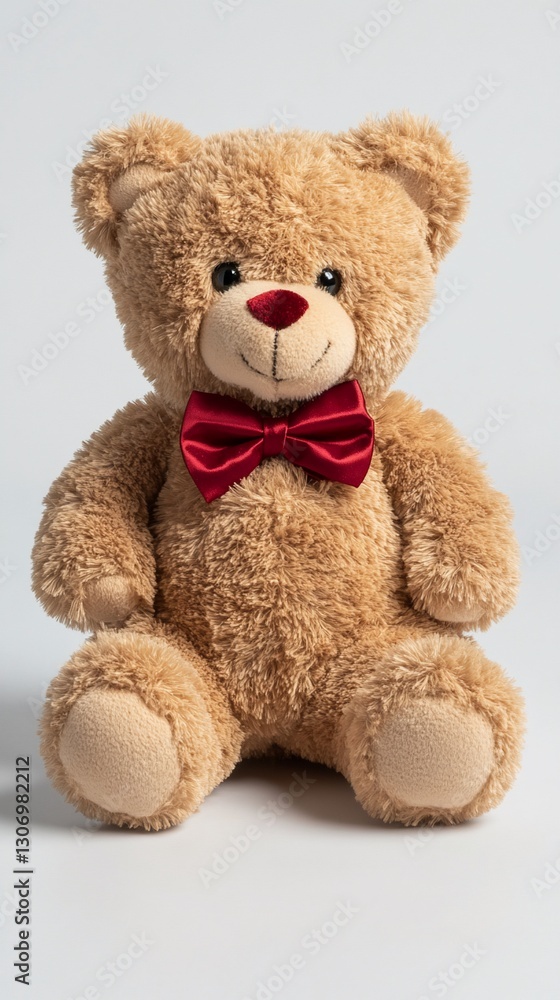 Stuffed bear with red bow tie on white backdrop, a possible gift or toy Stuffed bear with red bow tie on white backdrop, a possible gift or toy