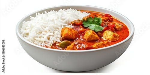 Realistic food icon of a spicy Indian curry with basmati rice isolated on white background