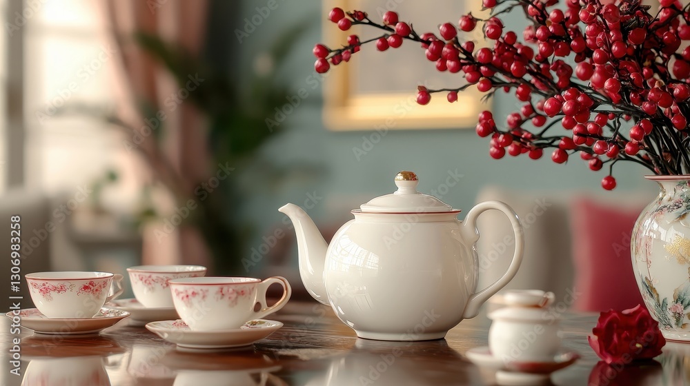 Fototapeta premium Elegant tea set arrangement with delicate cups and blooming branches in a cozy interior setting