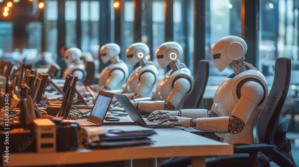 Obraz premium Robots working at desks in a modern office environment