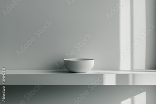 Simple White Bowl on a Minimalist Shelf With Soft Shadows in a Neutral Colore...