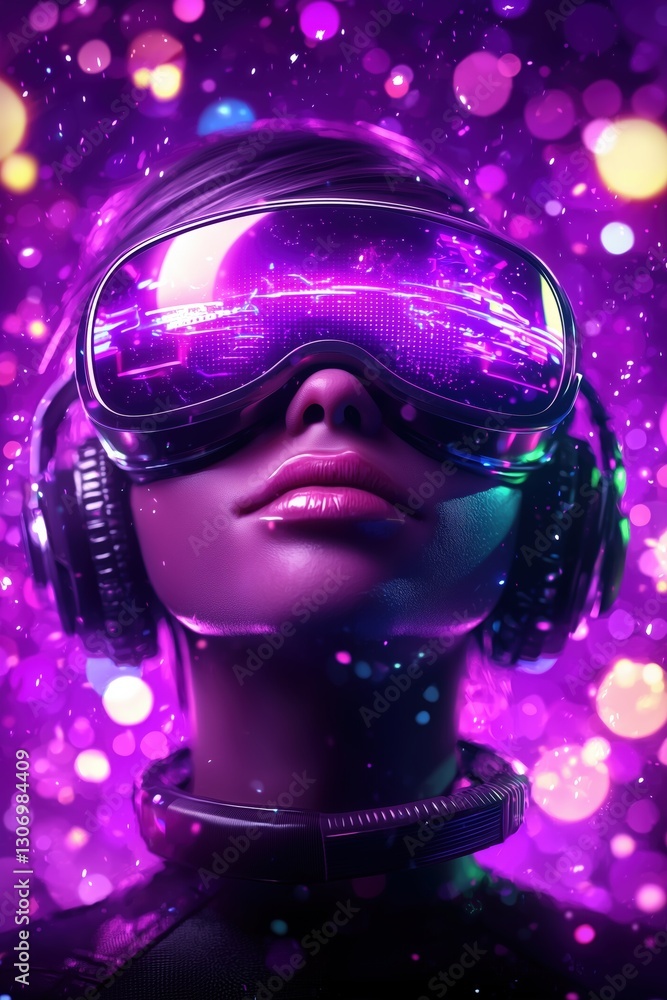 Futuristic female model wearing virtual reality headset with neon lights and colorful bokeh background Futuristic female model wearing virtual reality headset with neon lights and colorful bokeh background