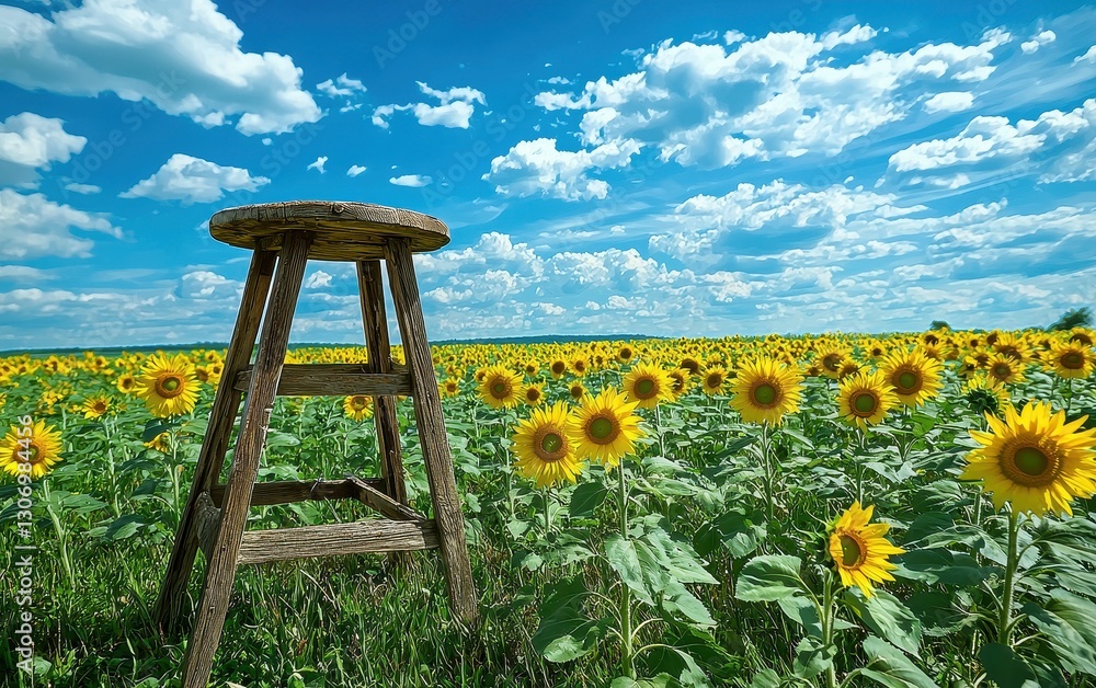 Rustic wooden stool positioned in a sunflower field under a bright blue sky Rustic wooden stool positioned in a sunflower field under a bright blue sky