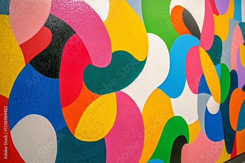 Colorful Abstract Mural With Vibrant Shapes and Patterns on a Wall at a Moder...