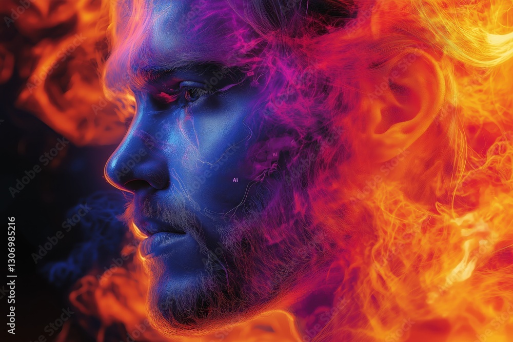 Agentic AI Embodiment Fiery Digital Human Profile with Neural Network Effects Agentic AI Embodiment Fiery Digital Human Profile with Neural Network Effects