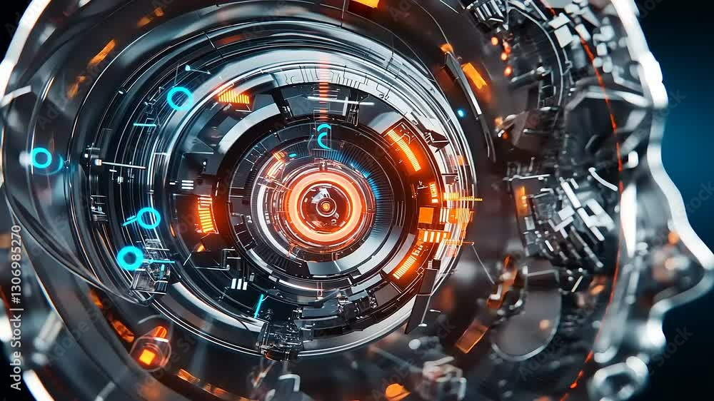 Futuristic robotic head with intricate circuitry and glowing elements, set against a dark background Futuristic robotic head with intricate circuitry and glowing elements, set against a dark background
