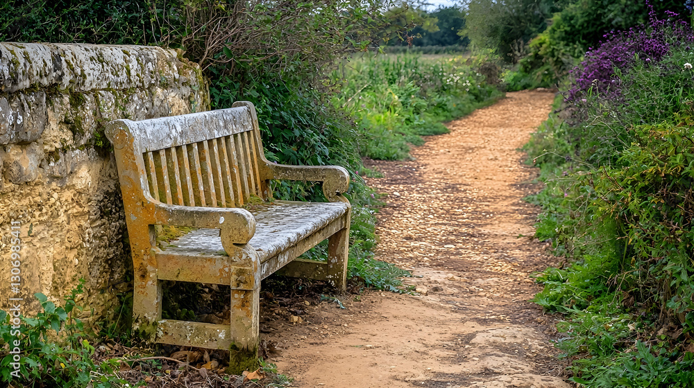 Weathered bench garden path countryside tranquil autumnal rest Weathered bench garden path countryside tranquil autumnal rest