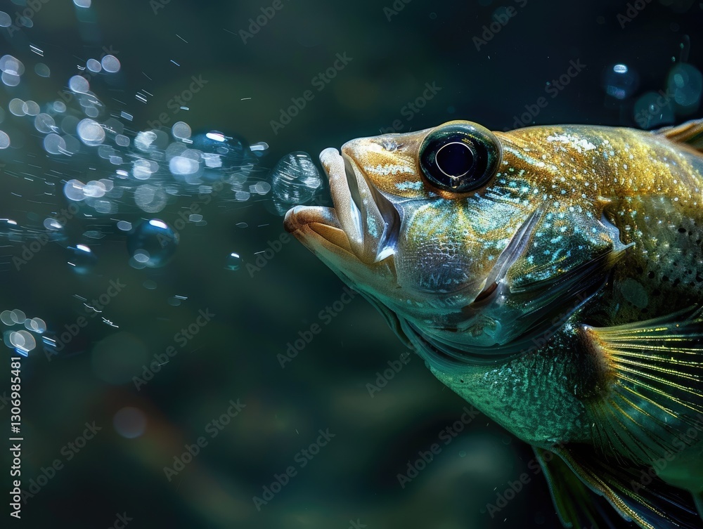 Underwater portrait of a speckled fish exhaling a trail of shimmering bubbles Underwater portrait of a speckled fish exhaling a trail of shimmering bubbles