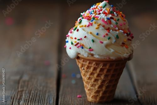 Colorful Ice Cream Cone With Sprinkles in a Festive Setting on a Warm Evening
