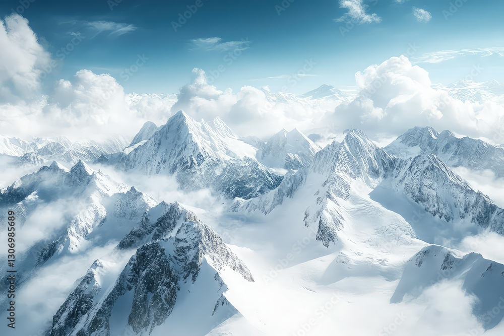 A breathtaking winter panorama of snow-covered peaks reaching toward the heavens. A breathtaking winter panorama of snow-covered peaks reaching toward the heavens.
