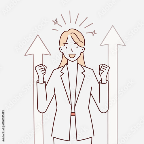Business Woman Excited Hold Hands Up Raised Arms, Businesswoman Concept Winner Success Vector Illustration. 