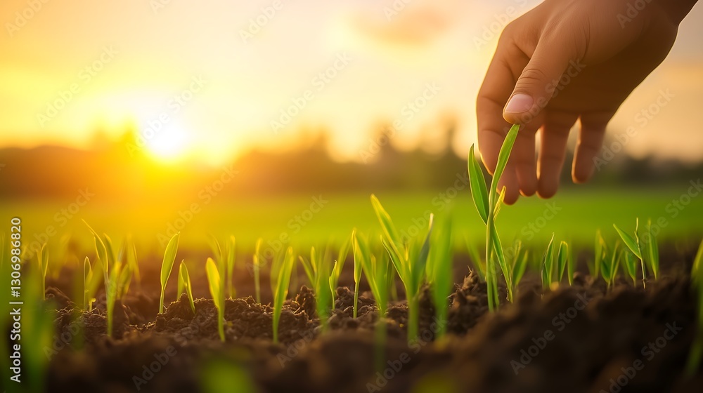Fototapeta premium Young green wheat growing on the field at sun rises in the morning, Growing wheat seedling sprouts in cultivated agricultural farm field