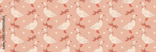 Summer seamless pattern with cute hand drawn geese, bows and polka dot on pink background. Funny goose with tied bow. Print for fabric, wallpaper or wrapping paper. Vector illustration.