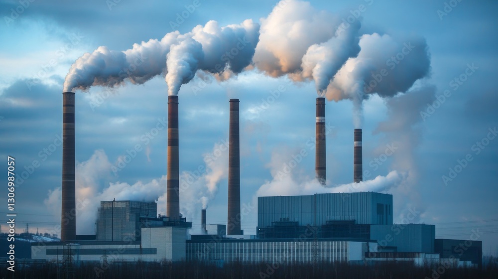 A coal-fired power station with towering chimneys releasing white smoke into the sky. A coal-fired power station with towering chimneys releasing white smoke into the sky.