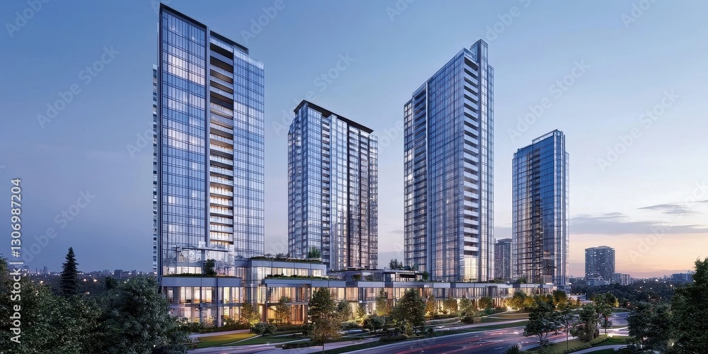 Fototapeta premium Skyline view of tall glass apartments, sleek and elegant urban setting