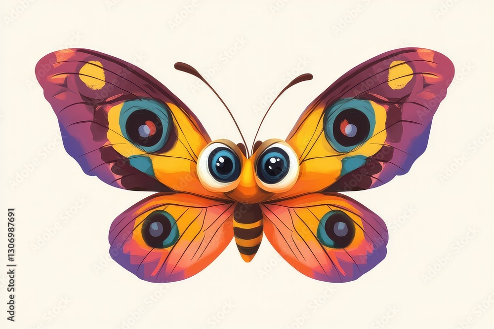 A cartoon butterfly with exaggerated, playful wings and big eyes. A cartoon butterfly with exaggerated, playful wings and big eyes.