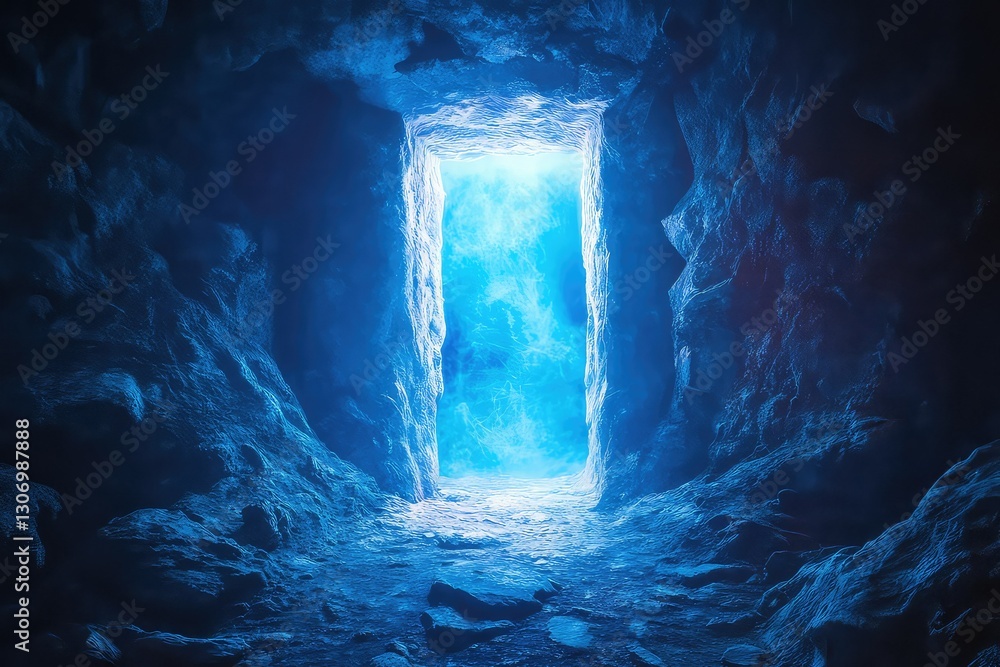 A cave entrance glowing with an eerie yet mesmerizing blue light. A cave entrance glowing with an eerie yet mesmerizing blue light.