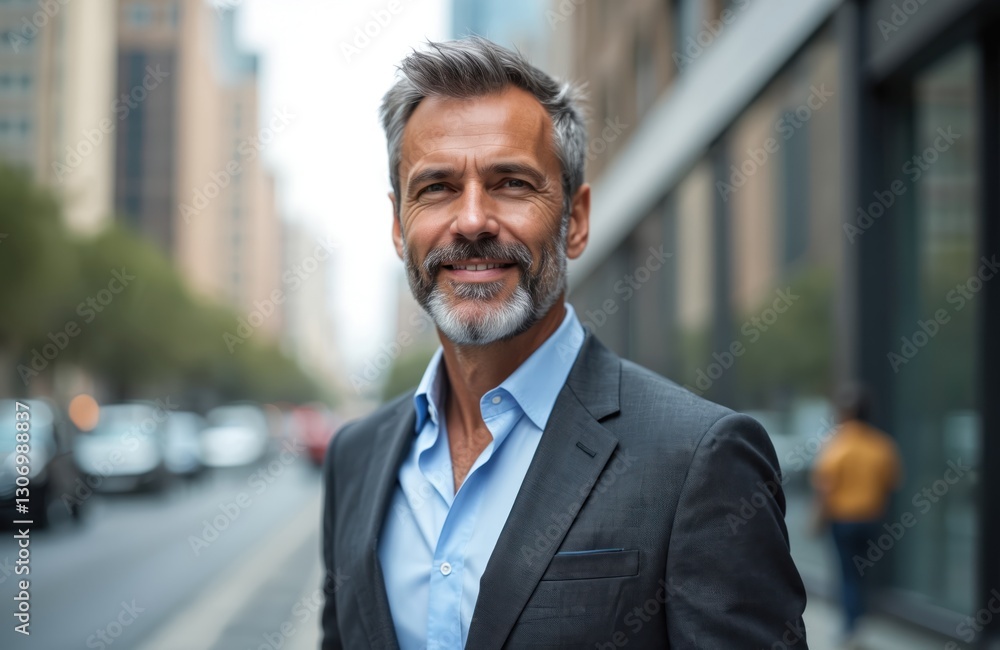 Fototapeta premium Portrait of middle-aged grey haired confident businessman with light unshaven beard wearing suit shirt but no tie, modern city street background. Successful executive smiles, stands looks at camera.