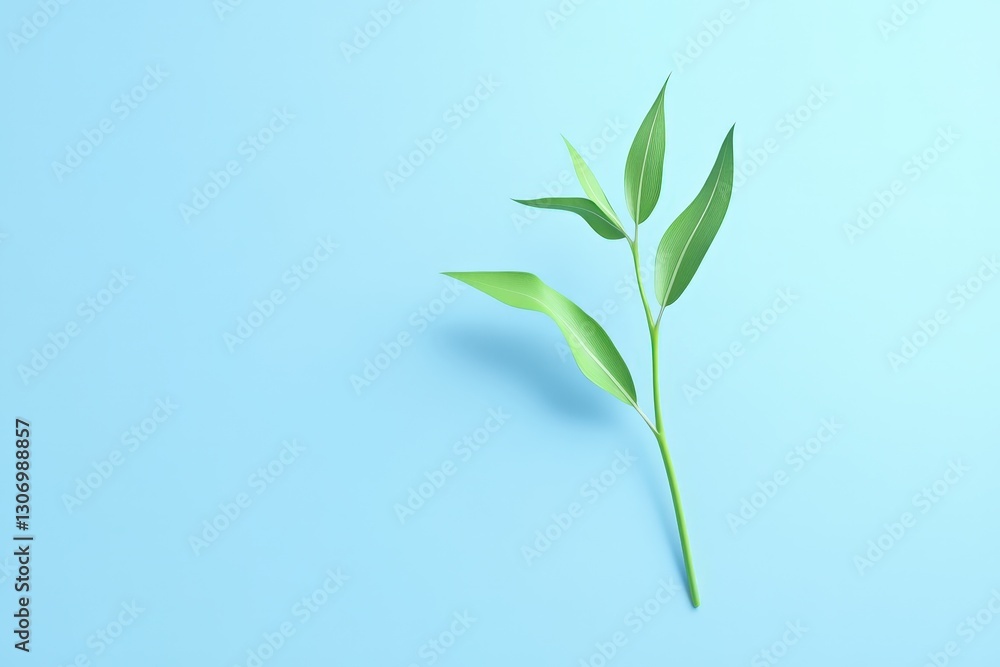Obraz premium A single green plant stem featuring leaves on a blue background