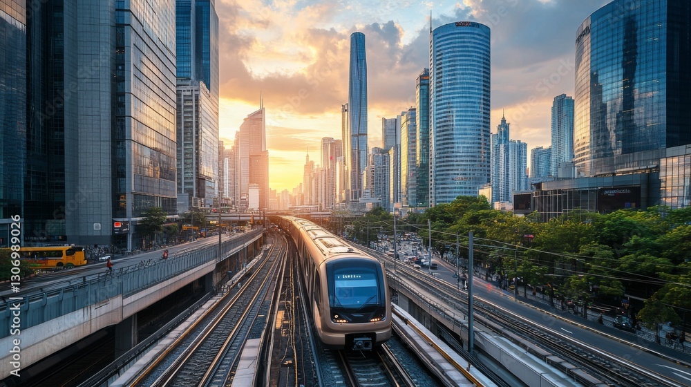 A high-speed train crossing an urban skyline with skyscrapers and busy streets below. A high-speed train crossing an urban skyline with skyscrapers and busy streets below.