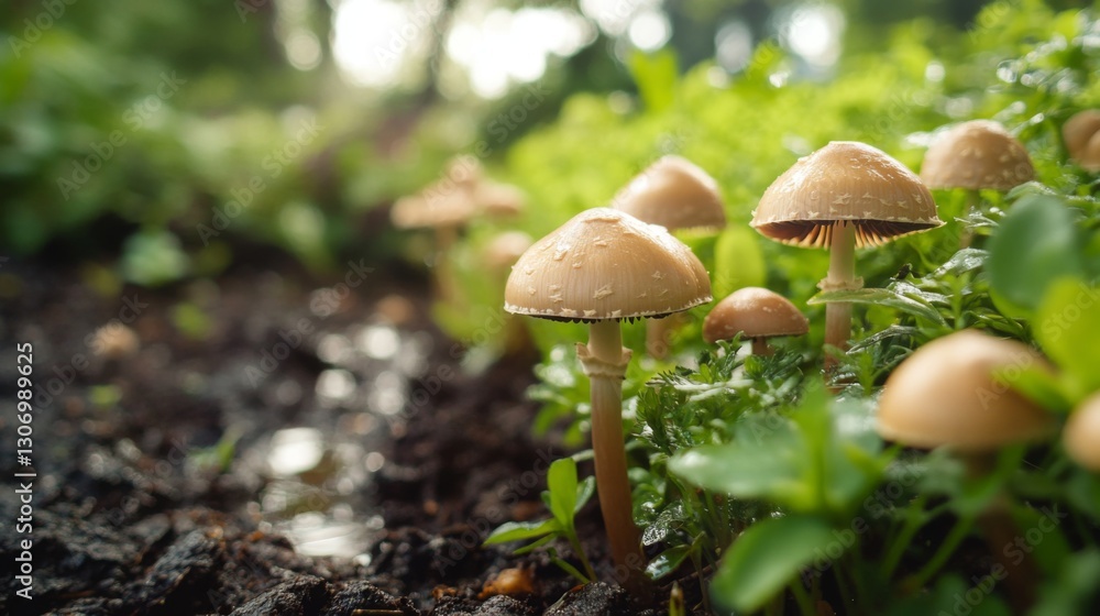 A macro shot of mushrooms sprouting in a garden after a rainstorm.